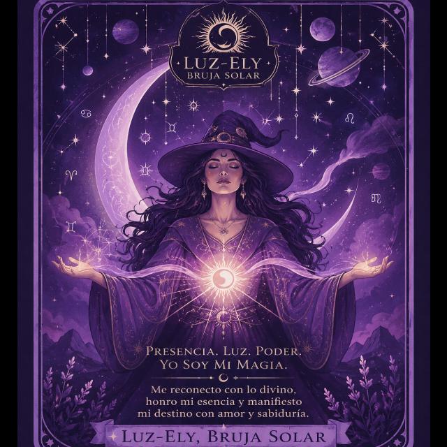 Ilustración de Luz Eli, Bruja Solar: una mujer bajo la luna, rodeada de estrellas